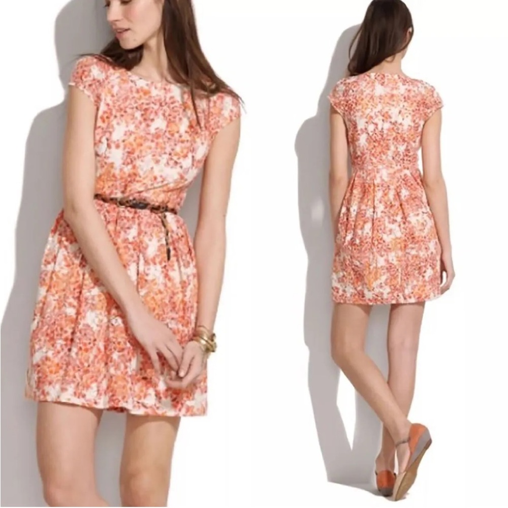 MADEWELL 4 Waterfolor floral lace fit & flare dress w cap sleeves corals EUC